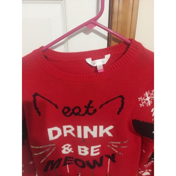 No Boundries Ugly Christmas Sweater Eat Drink And Be Meowy Size M 7-9 Cats - Picture 8 of 11